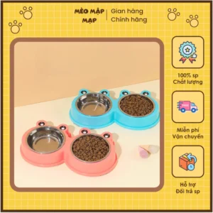 Bát Ăn Đôi Cho Thú Cưng – Chất Liệu Nhựa + Inox Không Gỉ, Thiết Kế Dễ Thương, 2 Ngăn Tiện Dụng 🐾 gọn xíu