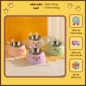 Bát/Chén Ăn Chống Gù Hình Tai Thỏ Cho Chó Mèo Ruột Inox Có Thể Tháo Rời Chống Trượt, An Toàn, Dễ Chùi Rửa
