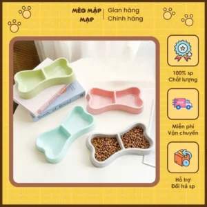 Bát ăn nhựa đôi hình xương cho chó mèo - Chén ăn hình xương cho thú cưng
